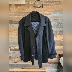 Calvin Klein Black Wool Blend Overcoat | LT | Quilted Lining | Classic Peacoat